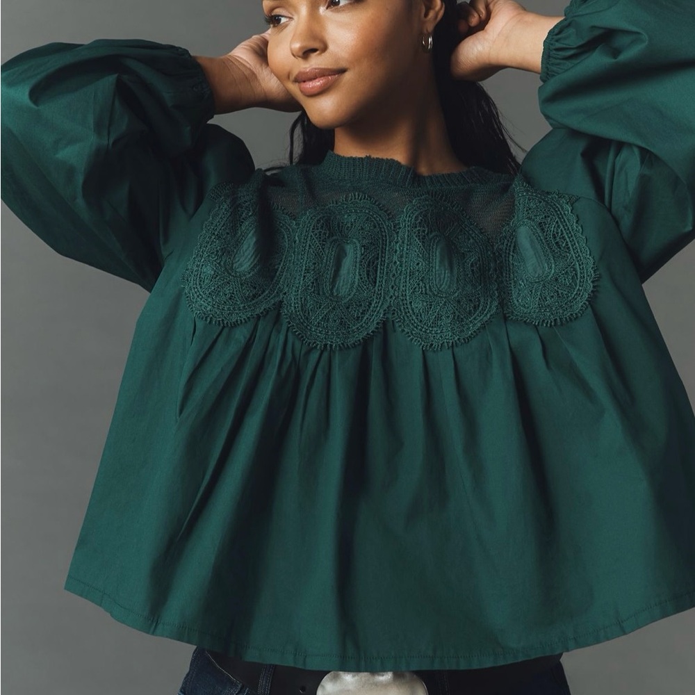 Anthropologie Dark Green Lace Blouse